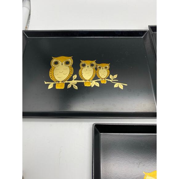 Vintage Otagiri Black & Gold set of 3 Owl Trinket Tray Japan - Retro - Picture 4 of 8